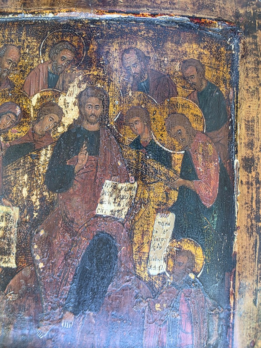 Icône russe ancienne sur bois Christ en Majesté et Saints 36 x 26 cm ​ ​authentique-photo-2