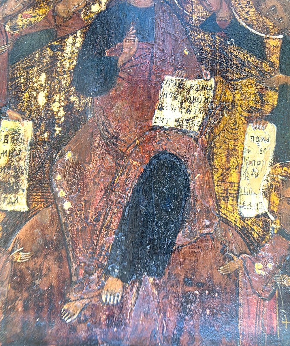 Icône russe ancienne sur bois Christ en Majesté et Saints 36 x 26 cm ​ ​authentique-photo-3