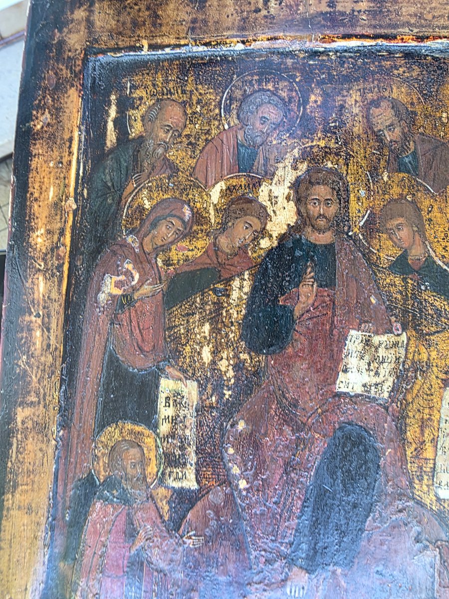 Icône russe ancienne sur bois Christ en Majesté et Saints 36 x 26 cm ​ ​authentique-photo-4