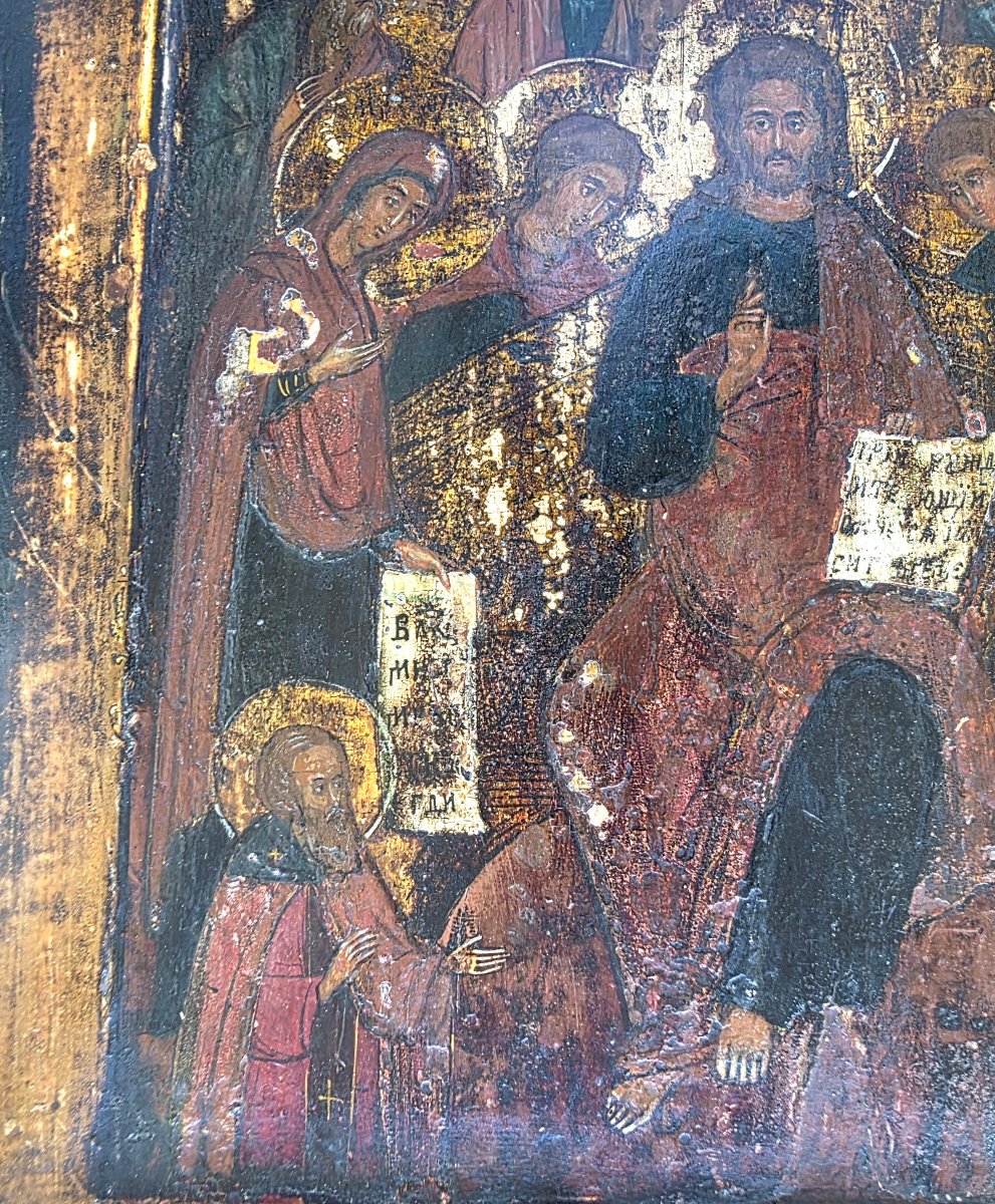 Icône russe ancienne sur bois Christ en Majesté et Saints 36 x 26 cm ​ ​authentique-photo-1