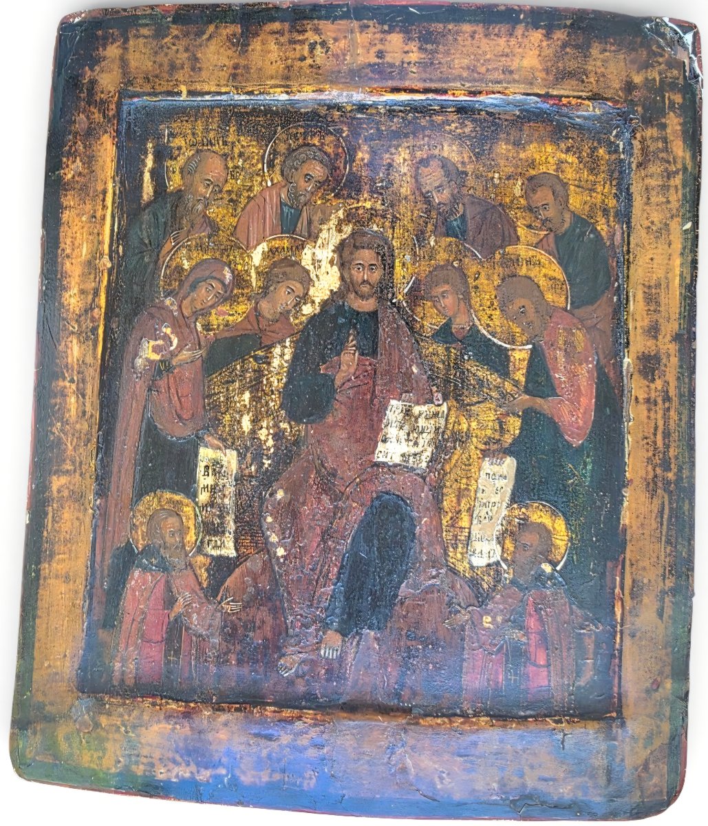 Icône russe ancienne sur bois Christ en Majesté et Saints 36 x 26 cm ​ ​authentique