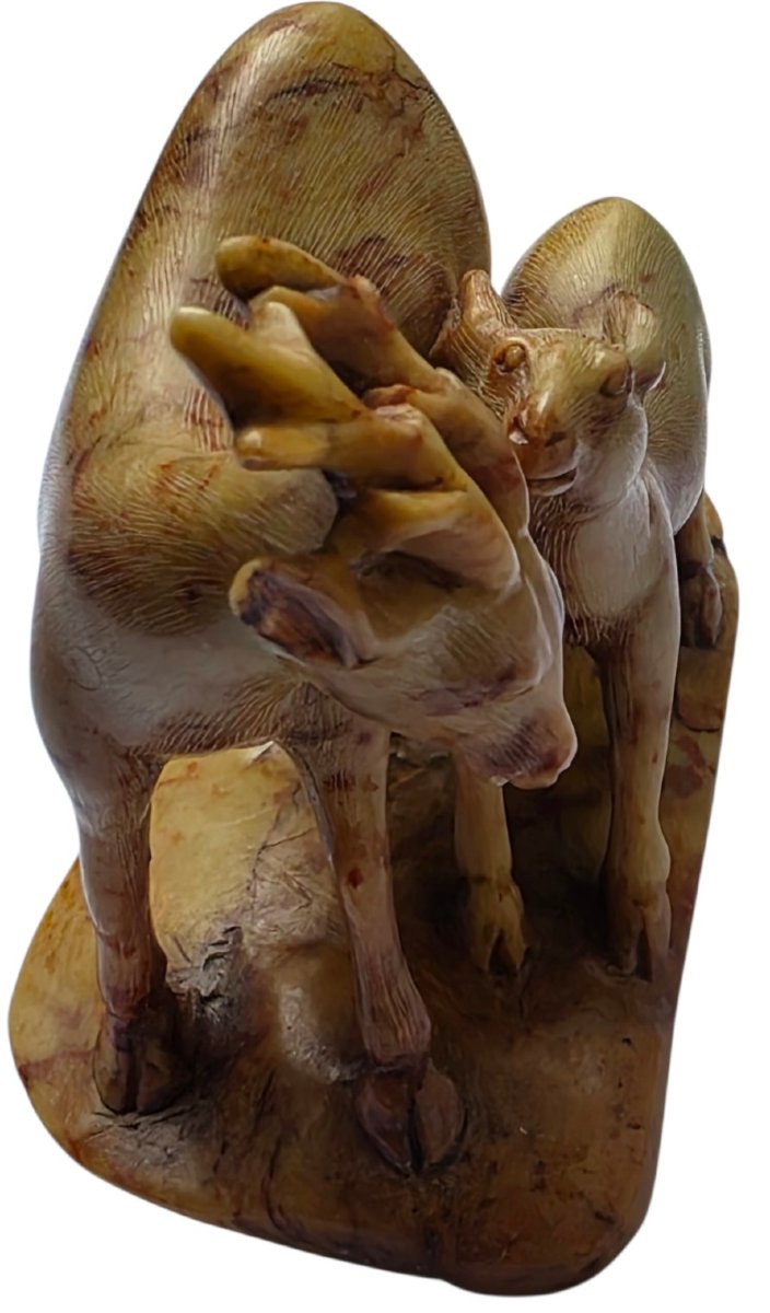  ​rare Carved Soapstone Sculpture Of A Doe And Fawn, China, Republic Period, Marked On The Bottom -photo-4