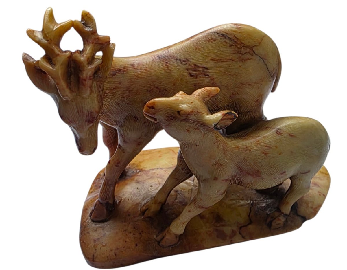  ​rare Carved Soapstone Sculpture Of A Doe And Fawn, China, Republic Period, Marked On The Bottom 
