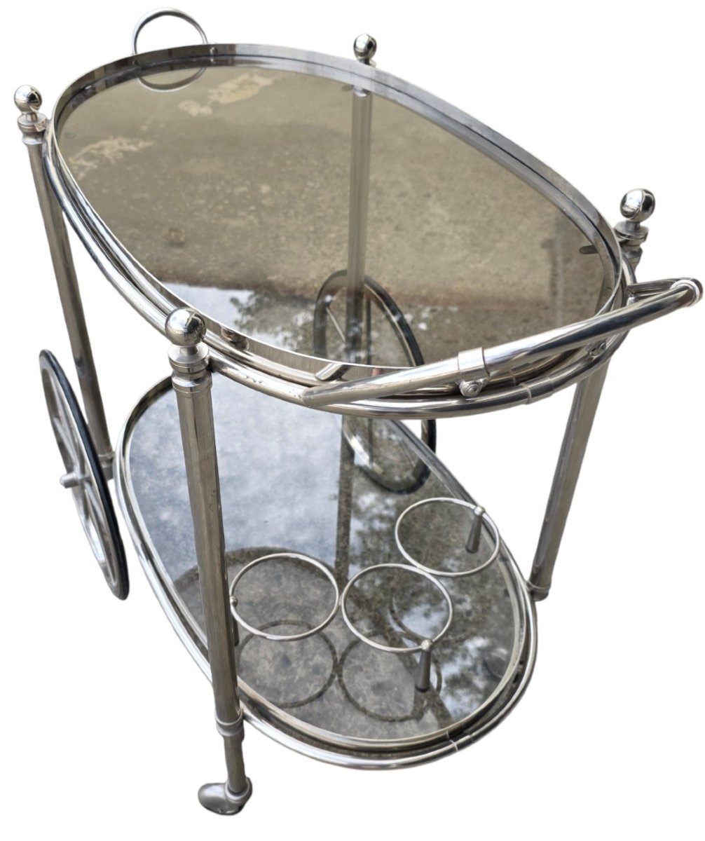 Maison Baguès desserte de bar ovale en bronze argenté et verre clair vers 1960 -photo-3