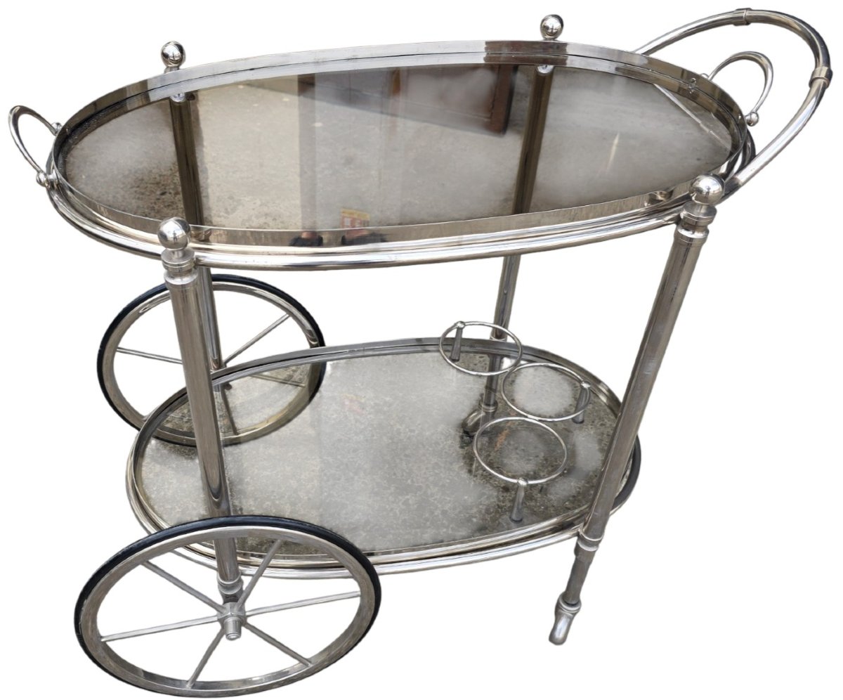 Maison Baguès desserte de bar ovale en bronze argenté et verre clair vers 1960 -photo-3