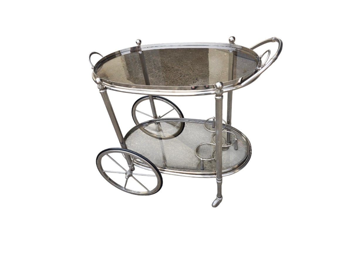 Maison Baguès desserte de bar ovale en bronze argenté et verre clair vers 1960 