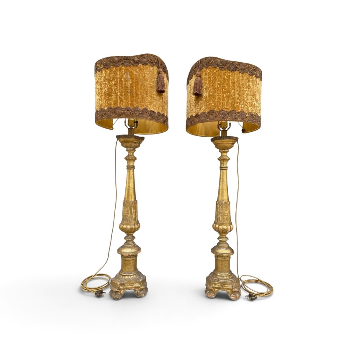   Pair Of Large Gilded Wooden Candlestick Lamps From The 18th Century, 130 Cm-photo-2