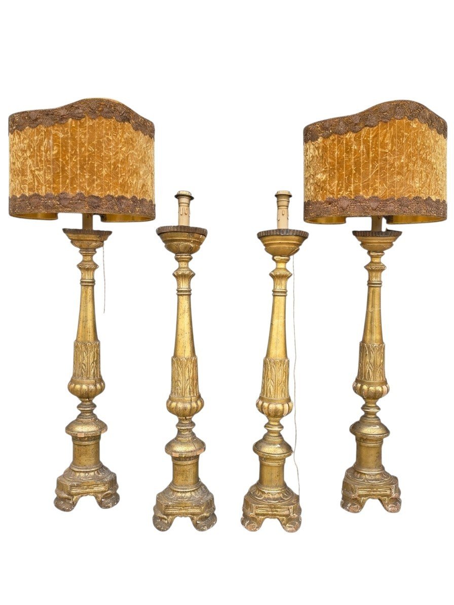   Pair Of Large Gilded Wooden Candlestick Lamps From The 18th Century, 130 Cm