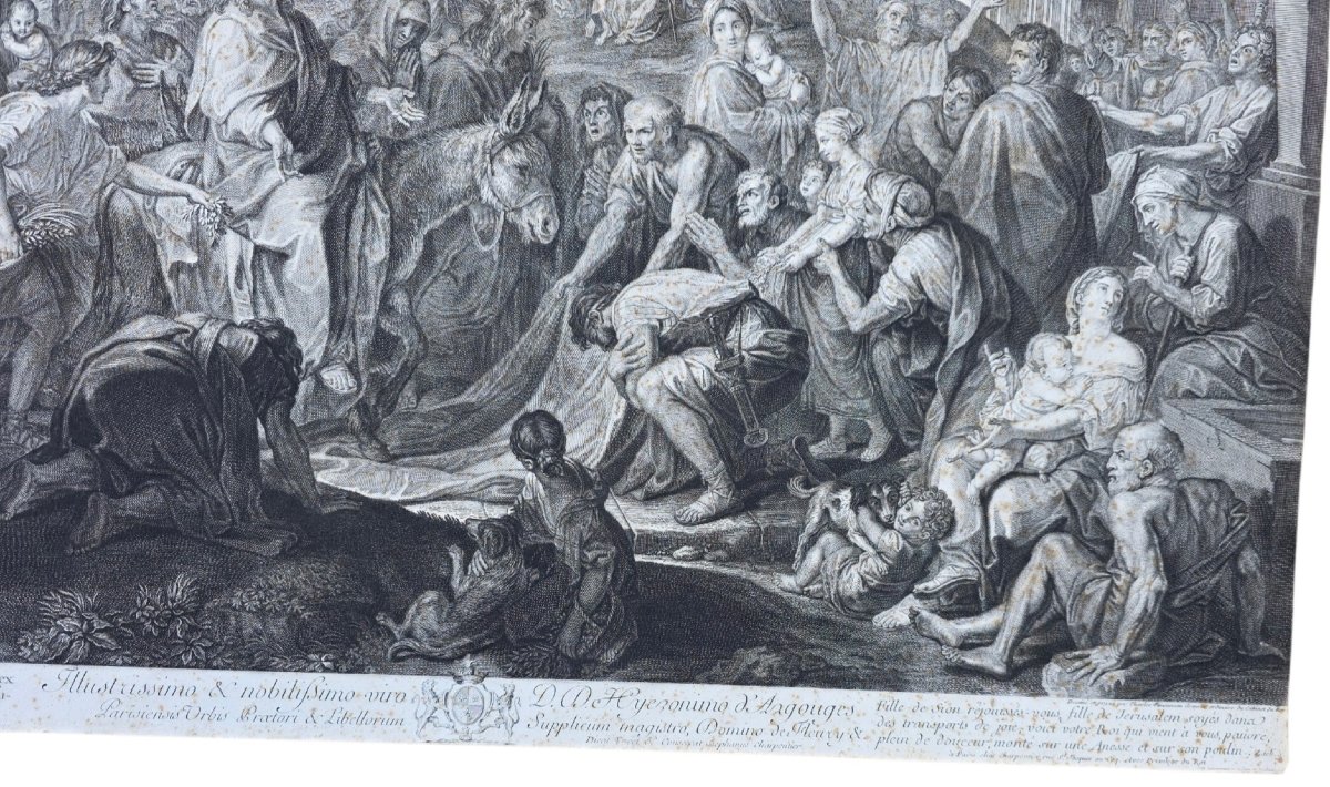 Grande gravure XVIIIe L’Entrée de Jésus à Jérusalem d’après C. Le Brun 77,5 x 58 cm-photo-1