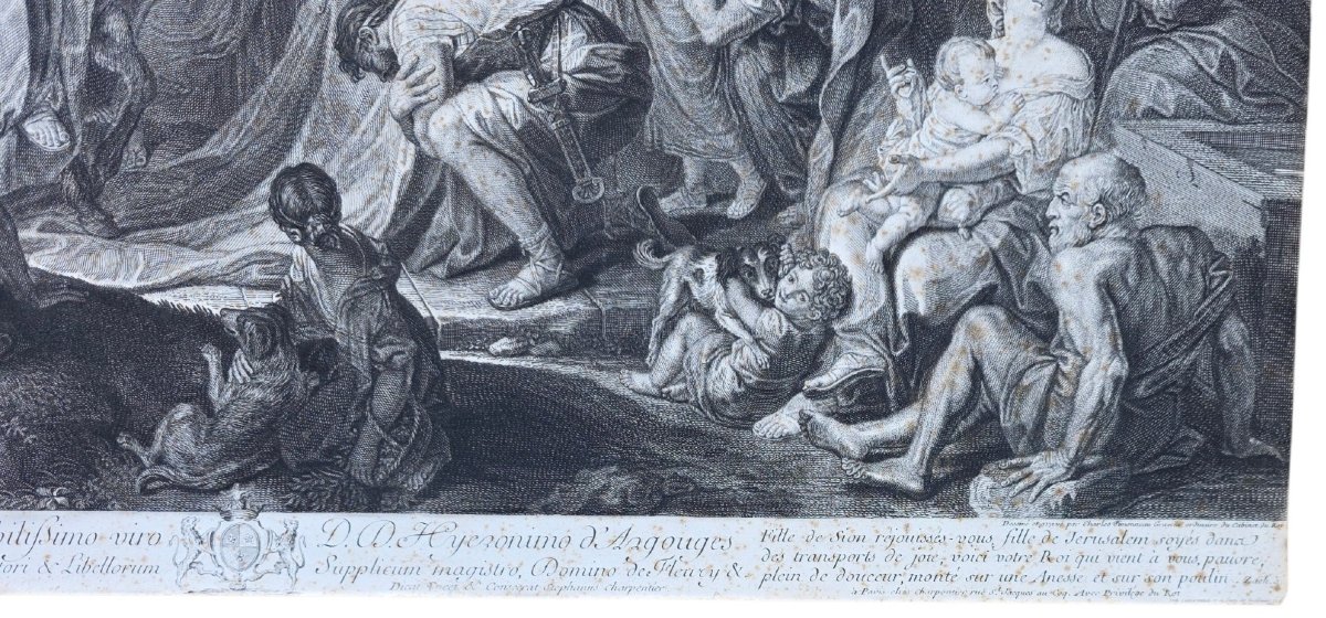 Grande gravure XVIIIe L’Entrée de Jésus à Jérusalem d’après C. Le Brun 77,5 x 58 cm-photo-2