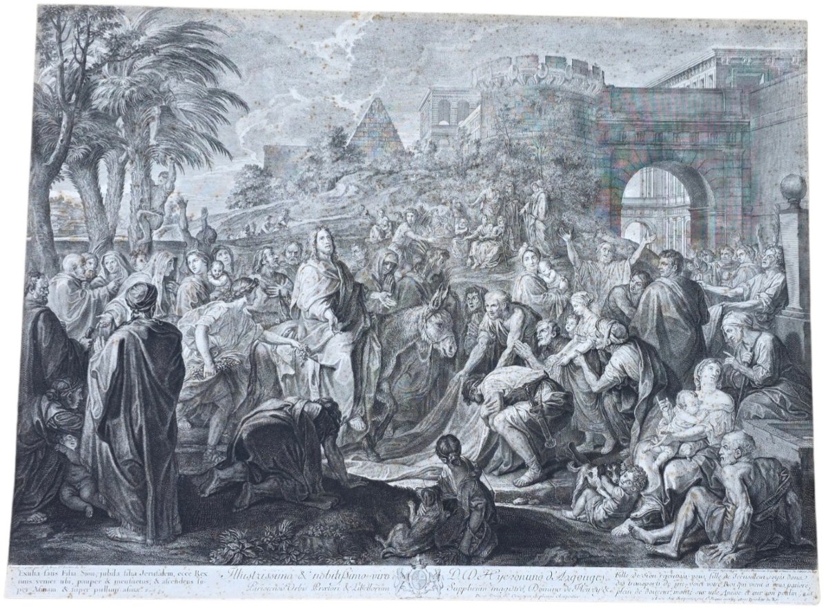 Grande gravure XVIIIe L’Entrée de Jésus à Jérusalem d’après C. Le Brun 77,5 x 58 cm-photo-3