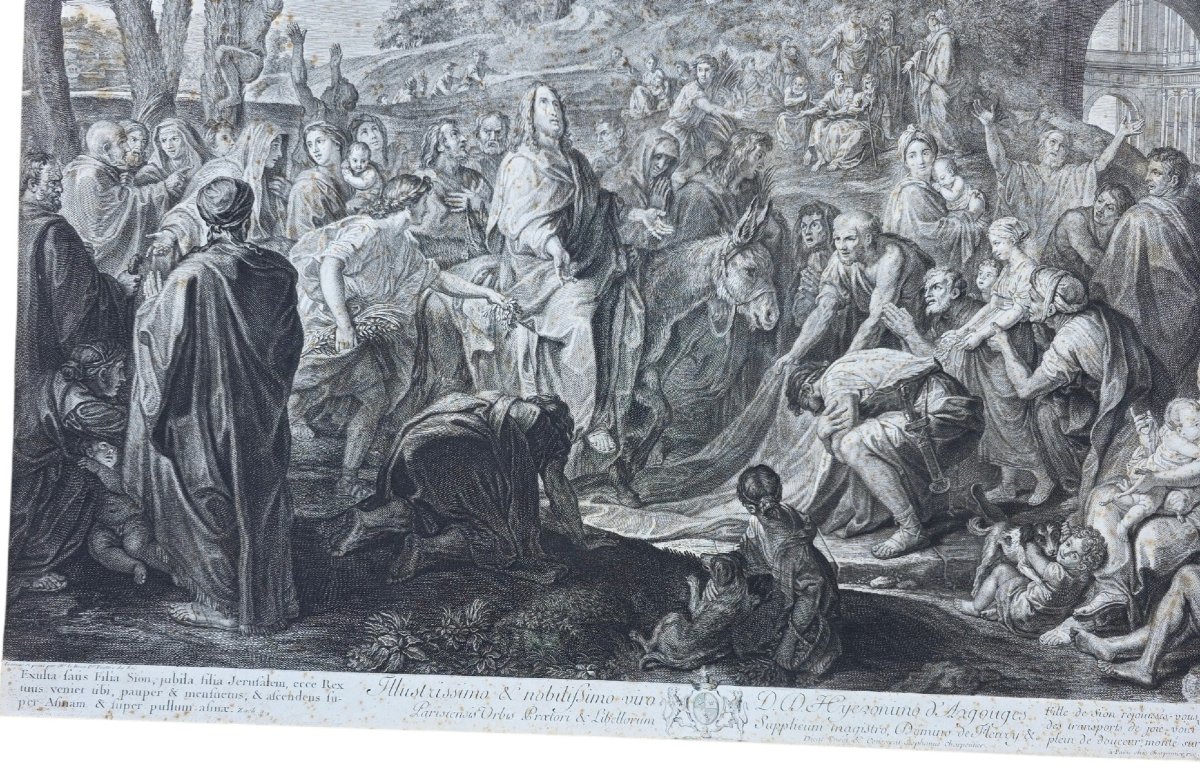 Grande gravure XVIIIe L’Entrée de Jésus à Jérusalem d’après C. Le Brun 77,5 x 58 cm-photo-4