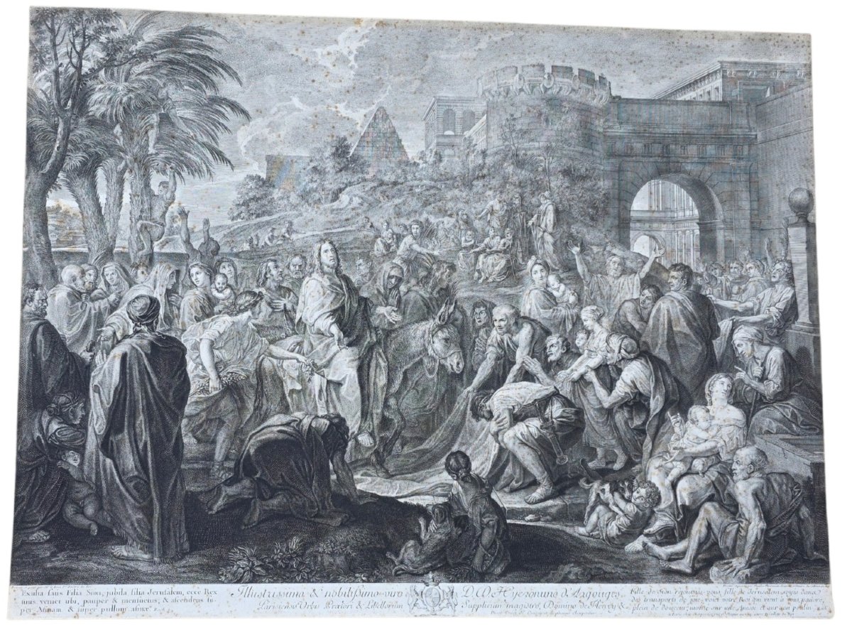 Grande gravure XVIIIe L’Entrée de Jésus à Jérusalem d’après C. Le Brun 77,5 x 58 cm