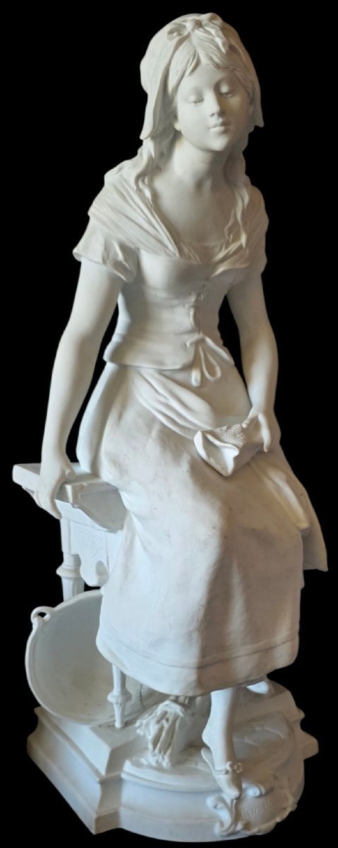   Antique Parian Porcelain Biscuit Sculpture Of Cinderella By Auguste Moreau, Stamped "paris"  