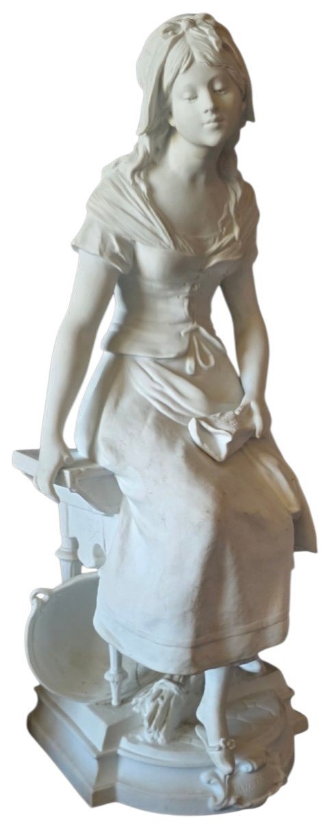   Auguste Moreau Sculpture ancienne en biscuit de porcelaine Parian Cendrillon Cachet PARIS  