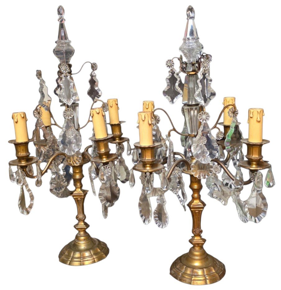  Pair Of Louis XV-style Candelabra Sconces In Bronze And Crystal; Height 63 Cm 