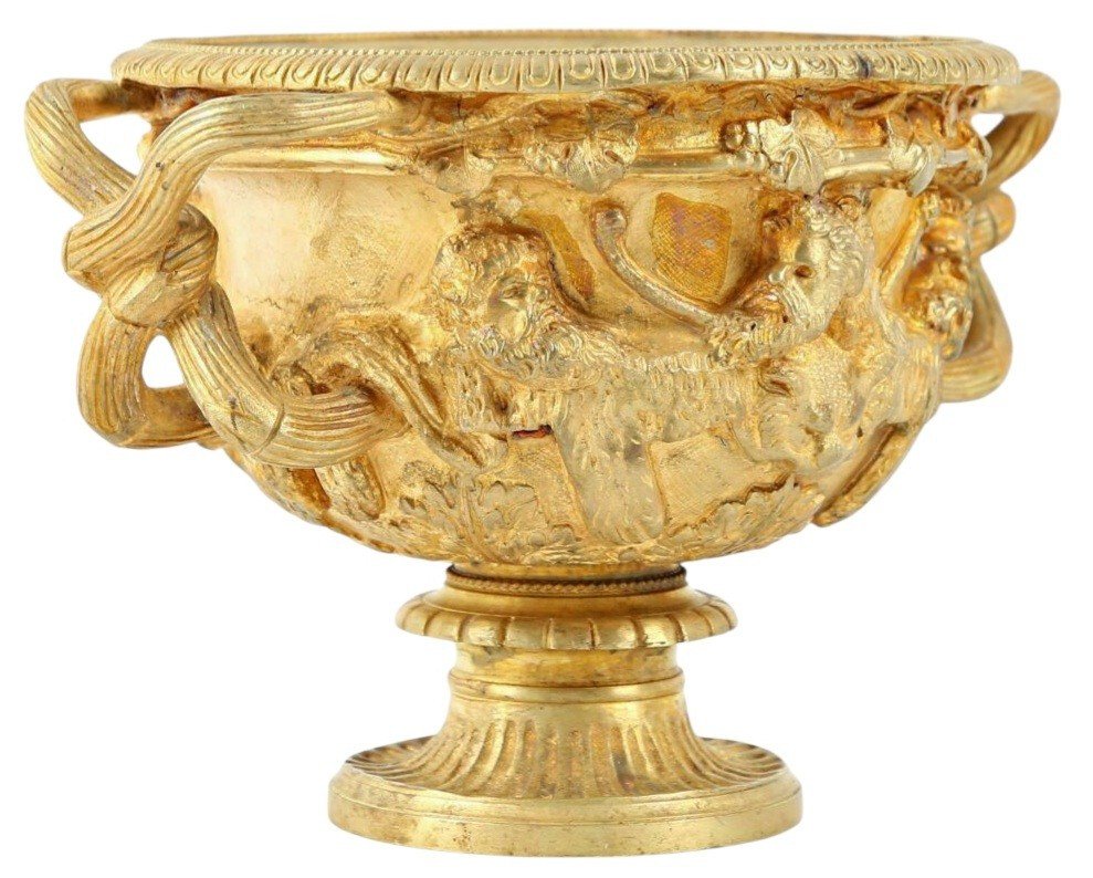  Mini Vase Cratère Borghèse en Bronze Doré d’époque XIXe Décor Dionysiaque Grand Tour -photo-1
