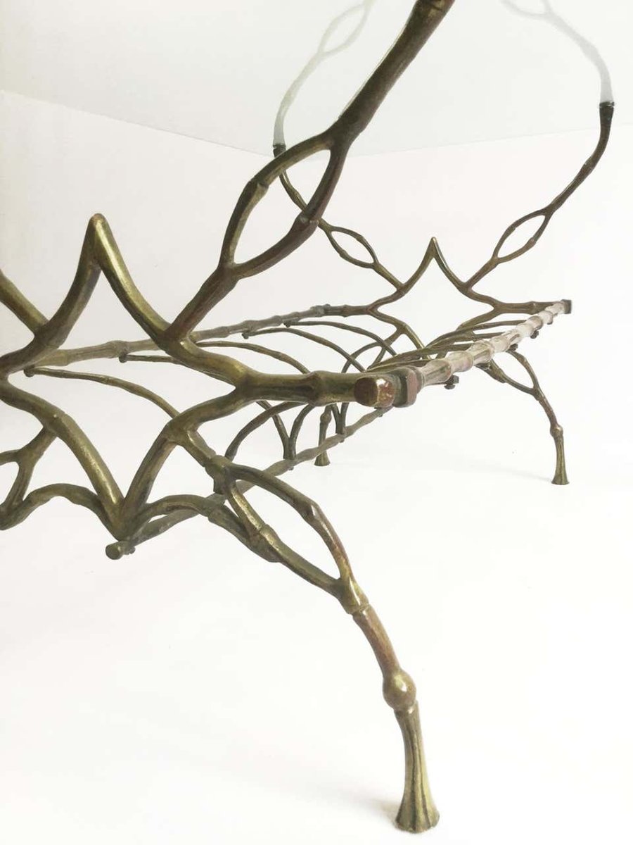 Maison Baguès Rare Coffee Table With Magazine Rack, Made Of Solid Gilded Bronze, "faux Bambou" Style -photo-2