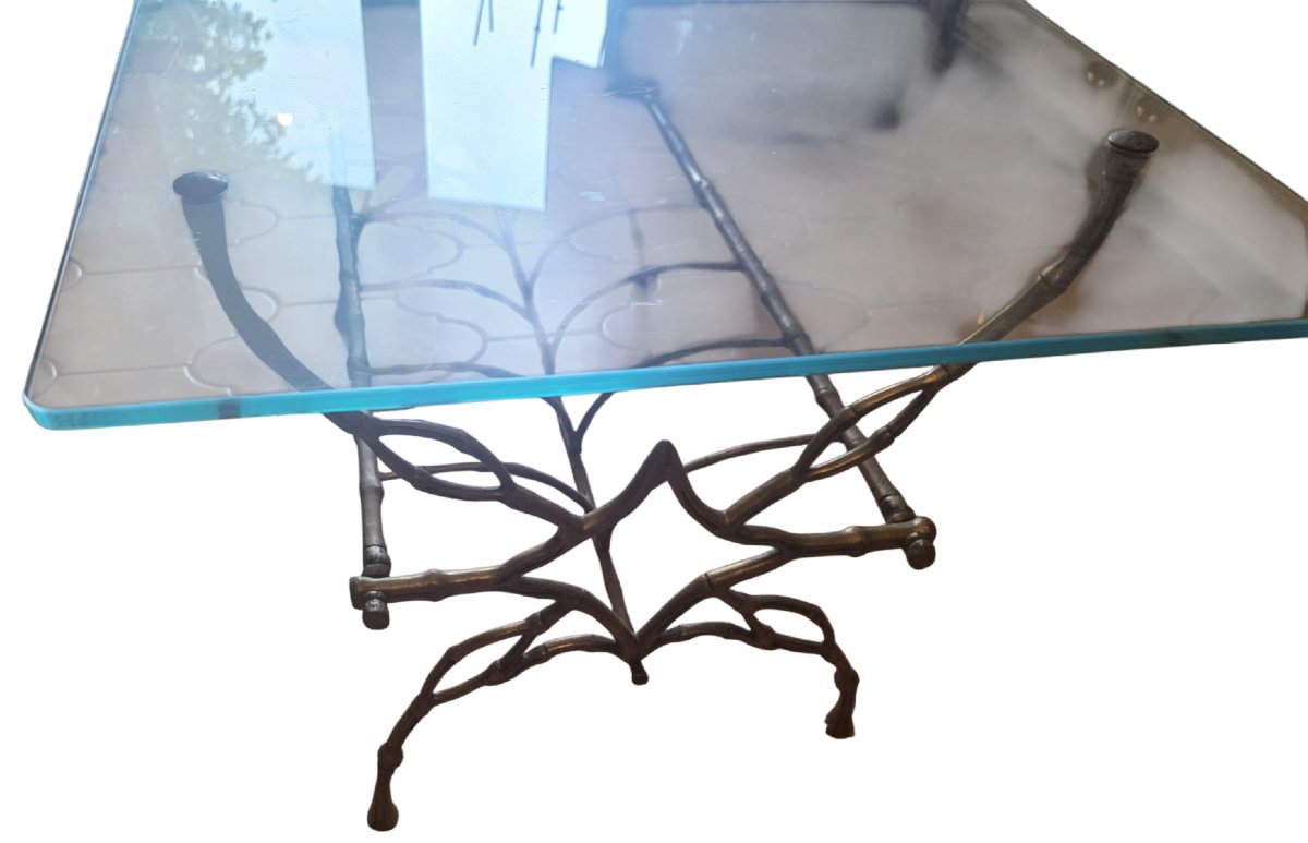 Maison Baguès Rare Coffee Table With Magazine Rack, Made Of Solid Gilded Bronze, "faux Bambou" Style -photo-3