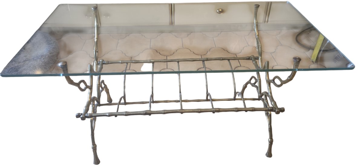 Maison Baguès Rare Coffee Table With Magazine Rack, Made Of Solid Gilded Bronze, "faux Bambou" Style -photo-7