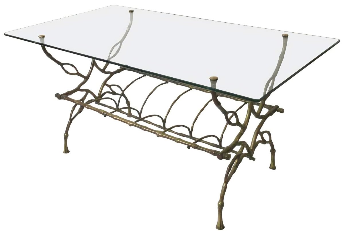 Maison Baguès Rare Coffee Table With Magazine Rack, Made Of Solid Gilded Bronze, "faux Bambou" Style 