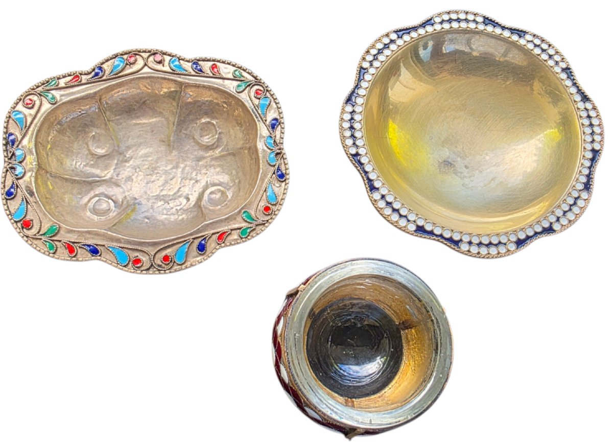  Rare Soviet Russian Spice Set In 916 Sterling Silver Vermeil And Enamel, 1967 