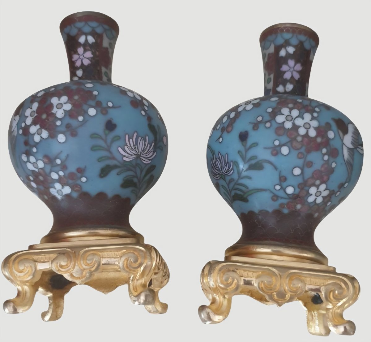  Pair Of Napoleon III-style Cloisonné Enamel And Gilded Bronze Candlesticks 