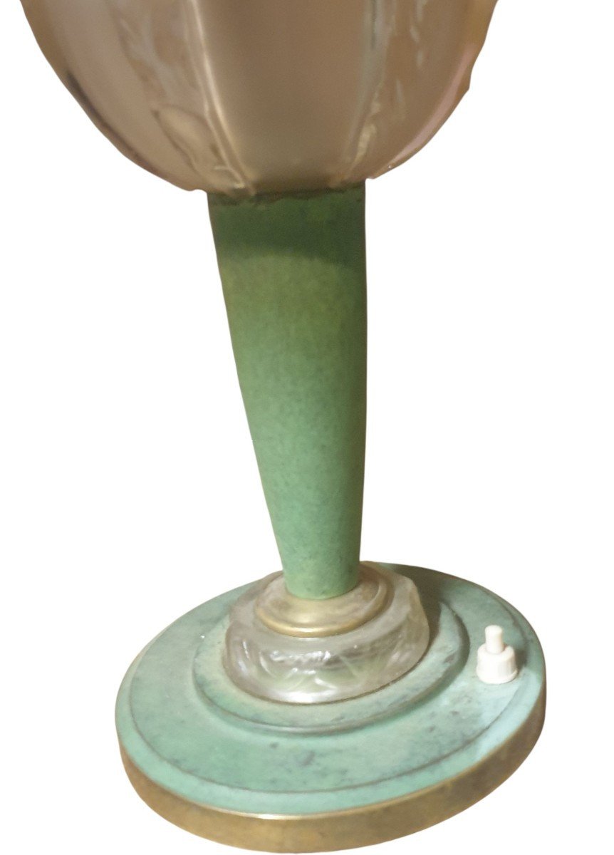  1930s Art Deco Table Lamp, Green Base With Bronze-patina Brass Dome  -photo-2