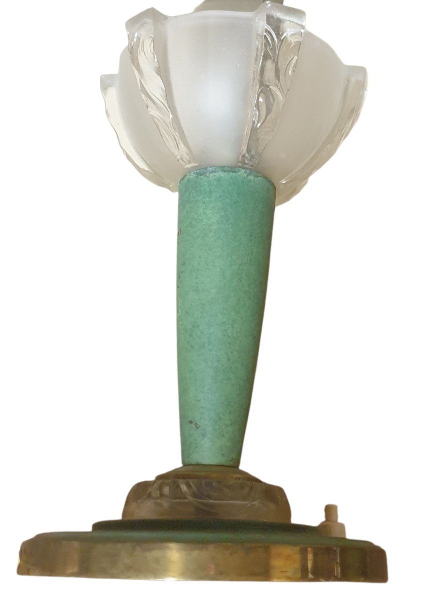  1930s Art Deco Table Lamp, Green Base With Bronze-patina Brass Dome  -photo-4