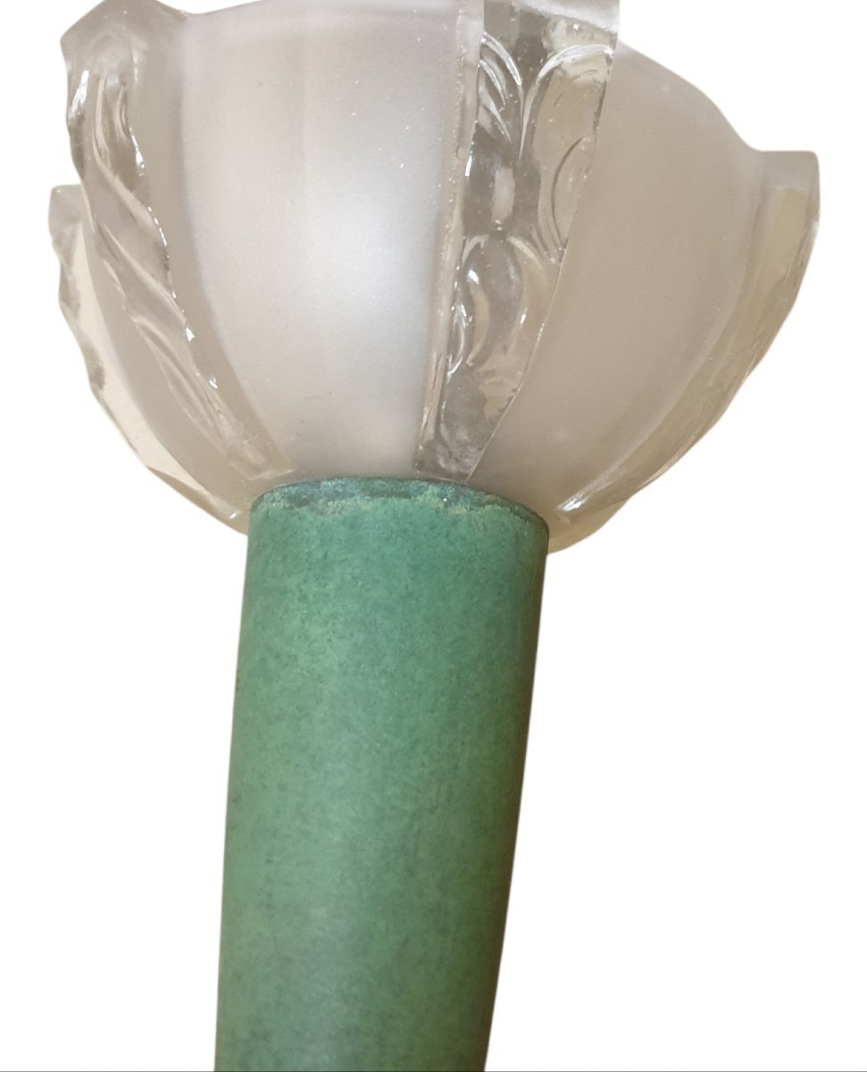  1930s Art Deco Table Lamp, Green Base With Bronze-patina Brass Dome  -photo-2