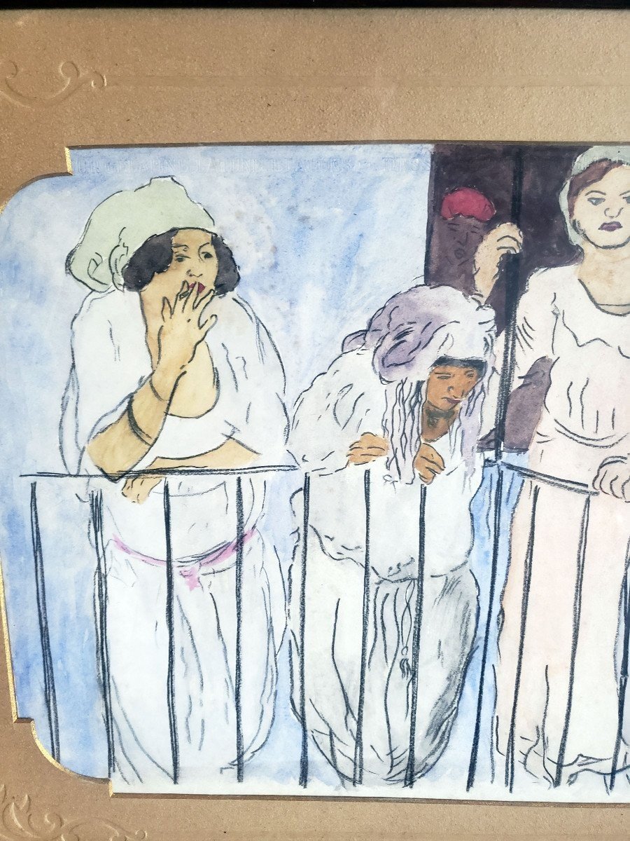  Gustave LINO 4 filles de joie au balcon 1893-1961e  Femmes a Alger Aquarelle -photo-3