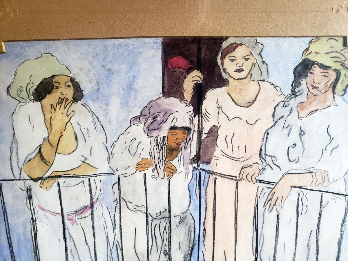  Gustave Lino, "4 Women Of Pleasure On The Balcony," 1893–1961, Original Watercolor, "women In Algiers," Watercolor -photo-3