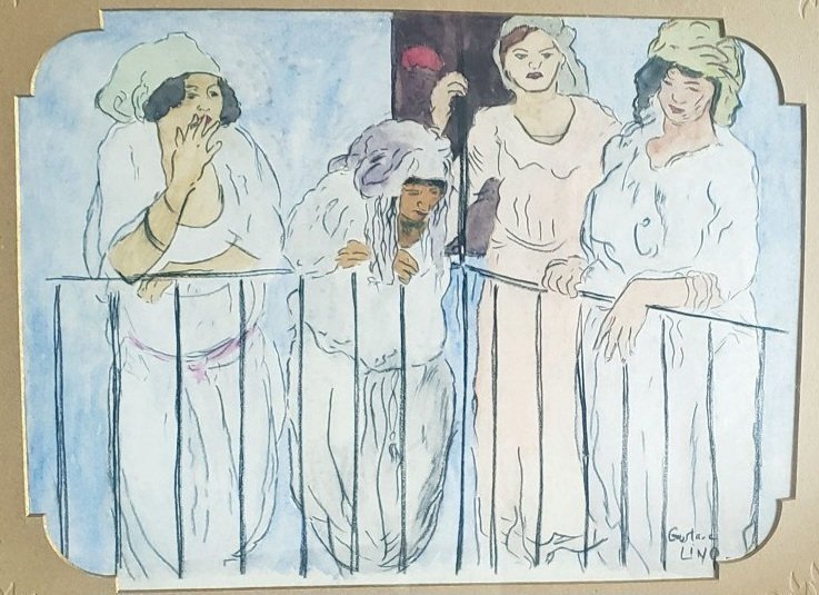  Gustave Lino, "4 Women Of Pleasure On The Balcony," 1893–1961, Original Watercolor, "women In Algiers," Watercolor -photo-8