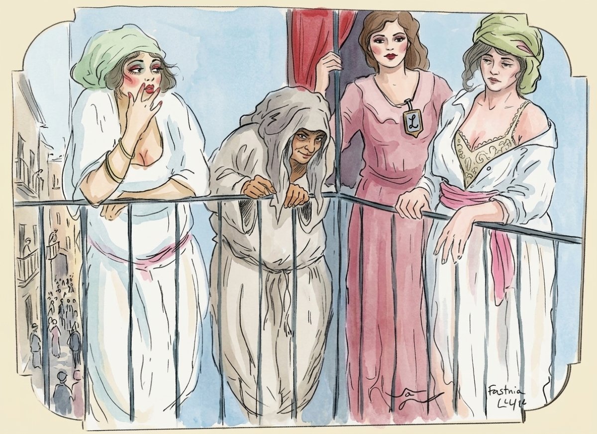  Gustave LINO 4 filles de joie au balcon 1893-1961e  Femmes a Alger Aquarelle 