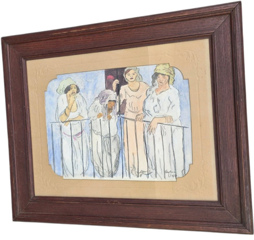  Gustave Lino, "4 Women Of Pleasure On The Balcony," 1893–1961, Original Watercolor, "women In Algiers," Watercolor 