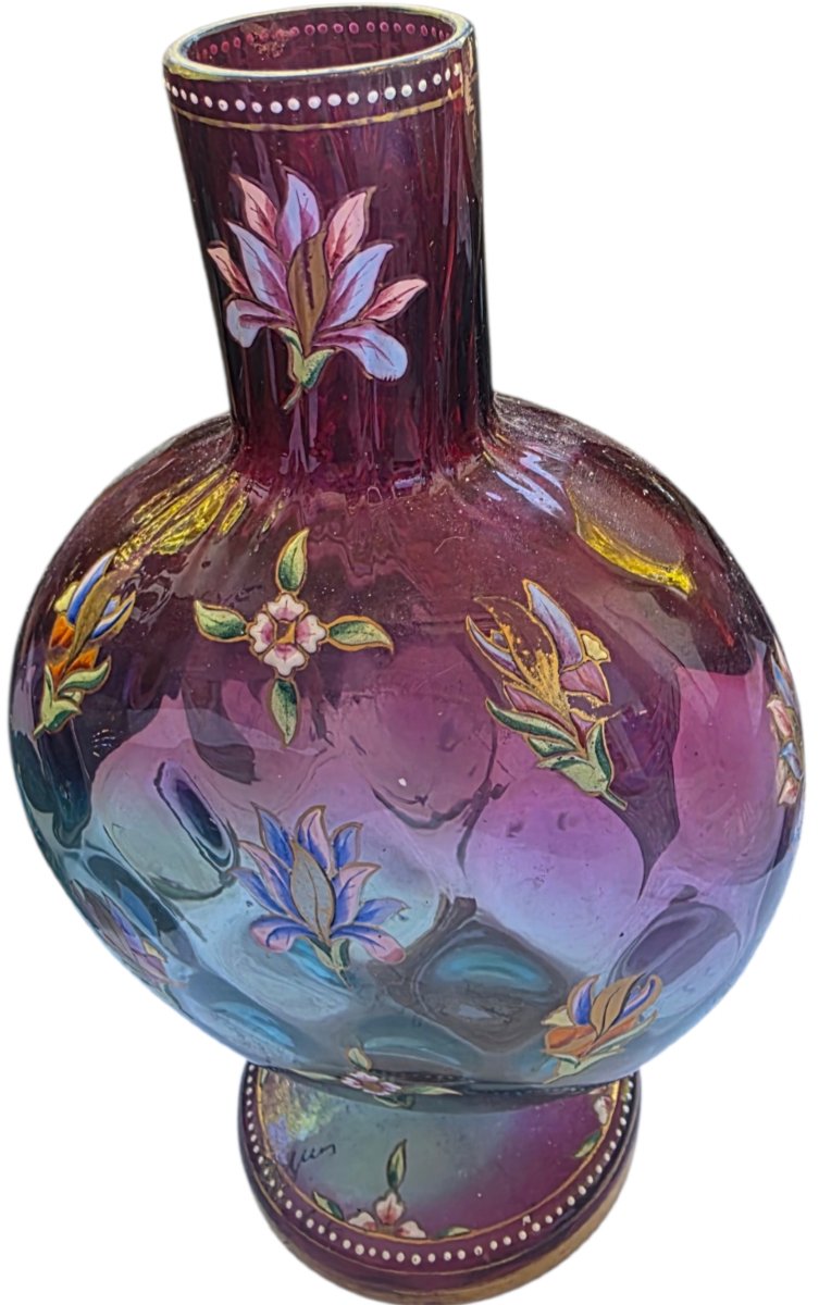 Grand vase méplat en verre émaillé orientaliste dans le goût Auguste Jean Émile Gallé -photo-1
