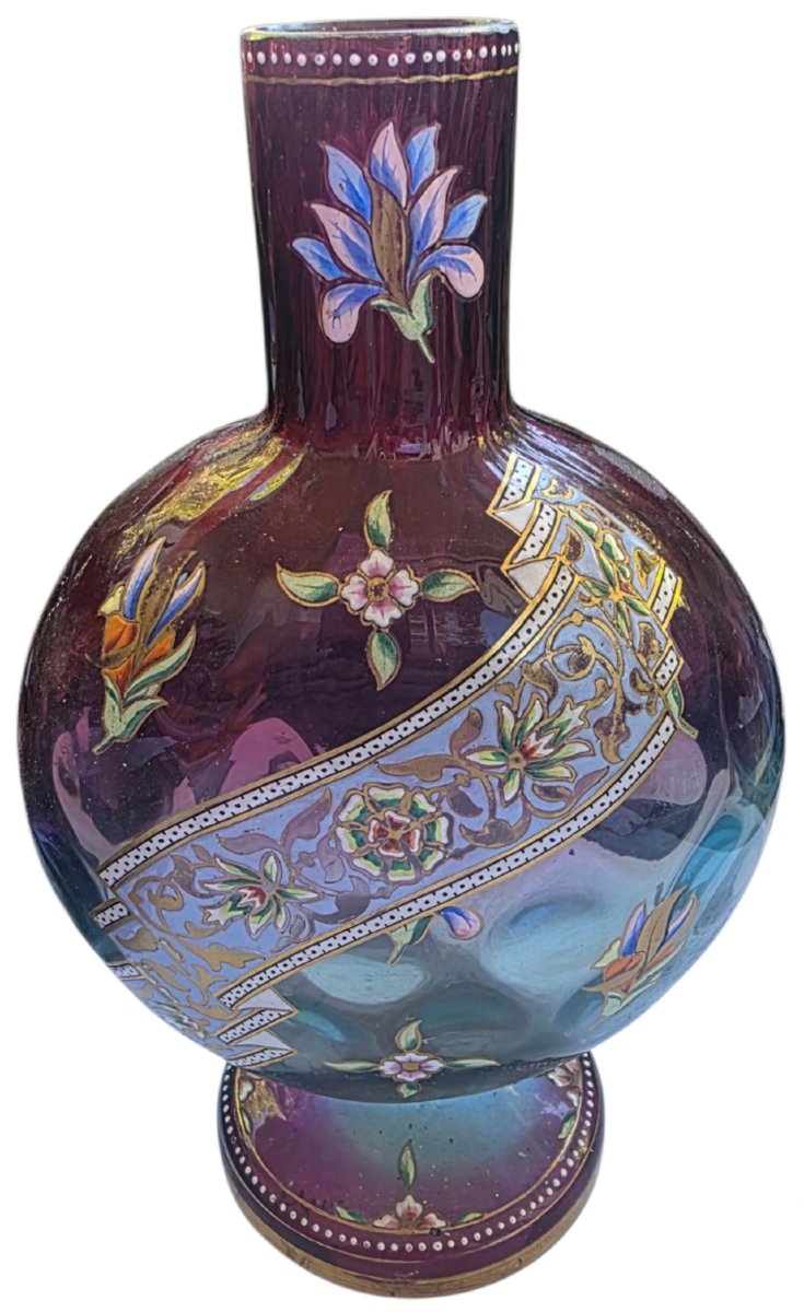 Grand vase méplat en verre émaillé orientaliste dans le goût Auguste Jean Émile Gallé 