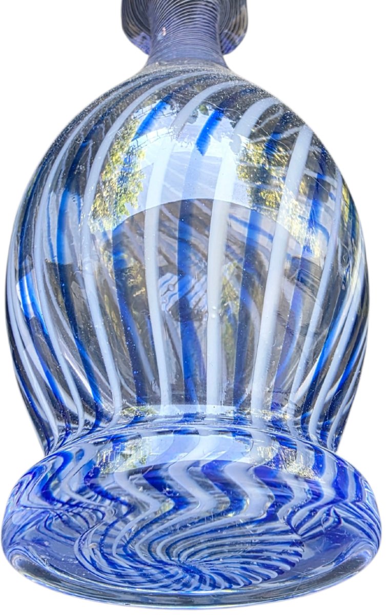 Rare, Large Blown Crystal Vase With Blue-and-white Filigree Decoration, Made Using The Zanfirico Technique, Signed -photo-2
