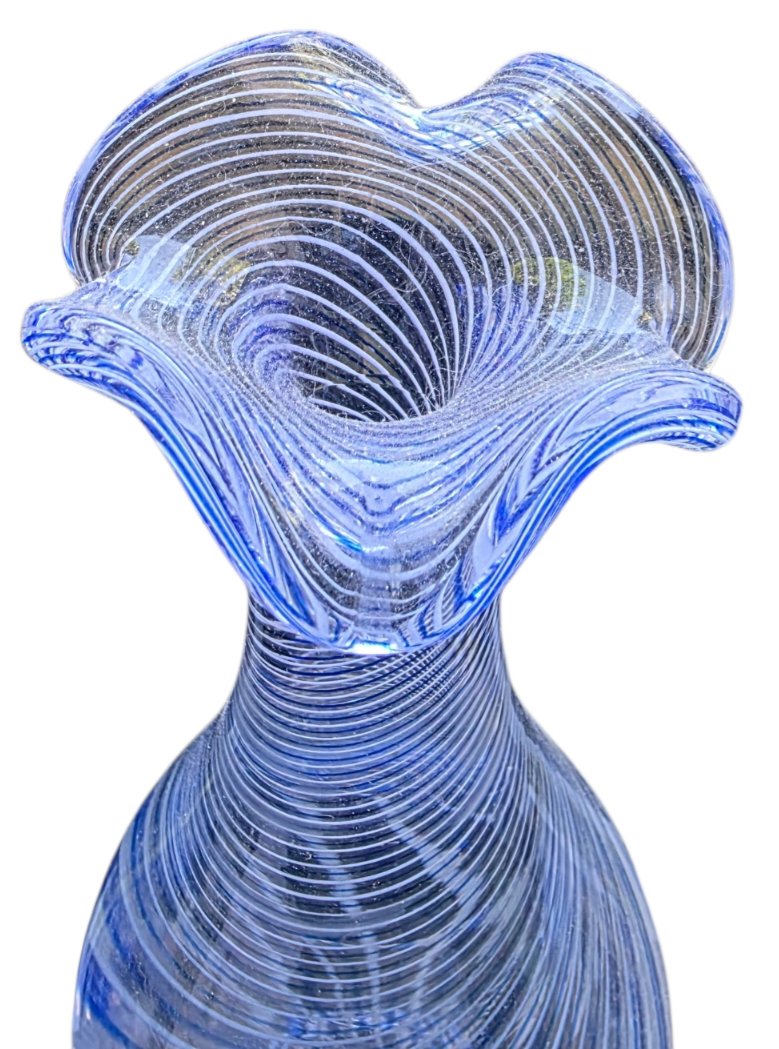 Rare, Large Blown Crystal Vase With Blue-and-white Filigree Decoration, Made Using The Zanfirico Technique, Signed -photo-3