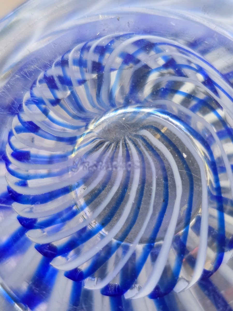 Rare, Large Blown Crystal Vase With Blue-and-white Filigree Decoration, Made Using The Zanfirico Technique, Signed -photo-4