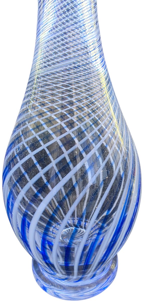 Rare, Large Blown Crystal Vase With Blue-and-white Filigree Decoration, Made Using The Zanfirico Technique, Signed -photo-1