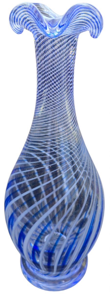 Rare, Large Blown Crystal Vase With Blue-and-white Filigree Decoration, Made Using The Zanfirico Technique, Signed 