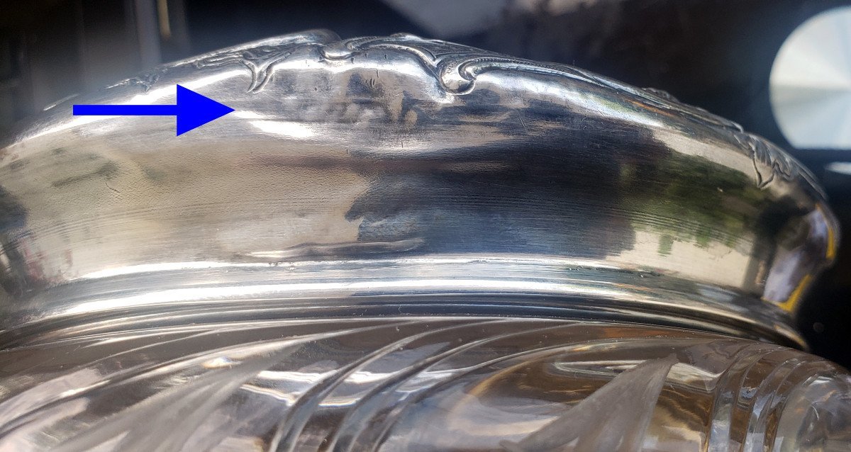  Grande boîte à poudre Art Nouveau Cristal Baccarat Couvercle Argent Massif et vermeil -photo-3