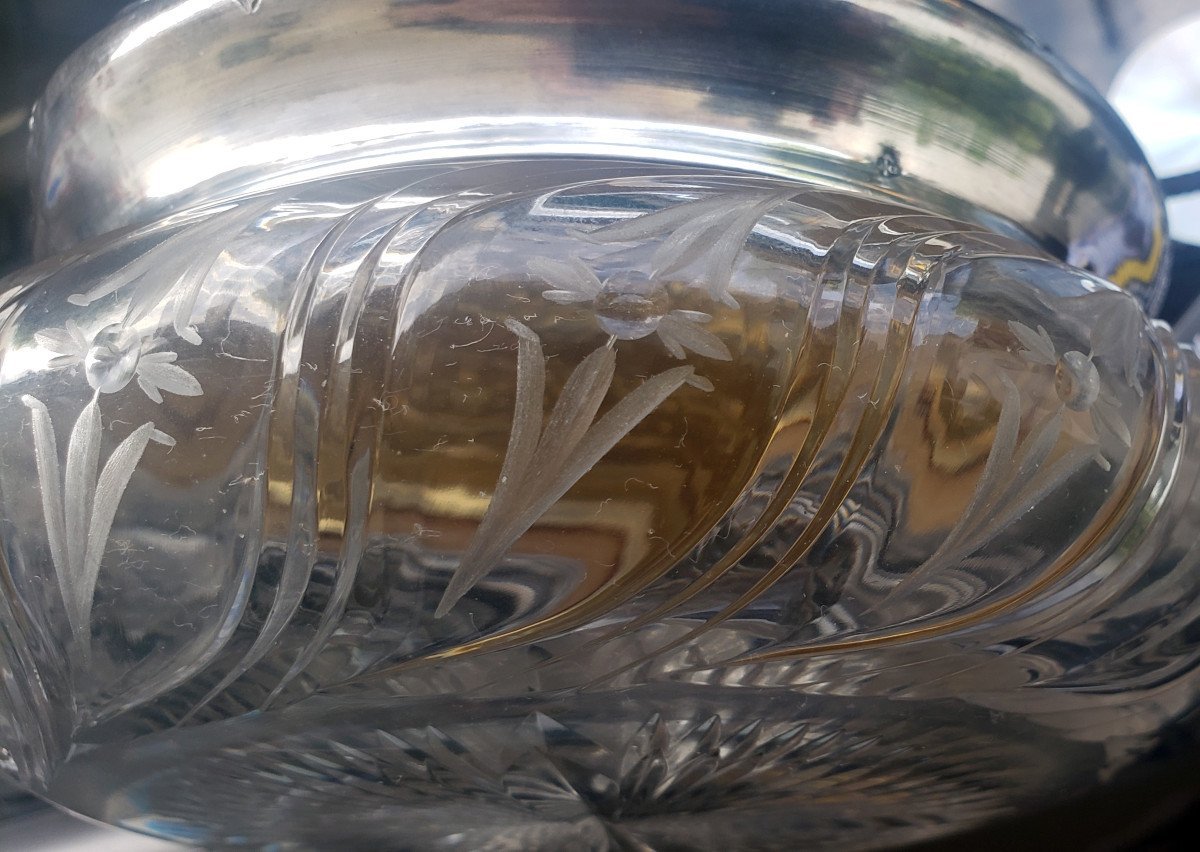  Grande boîte à poudre Art Nouveau Cristal Baccarat Couvercle Argent Massif et vermeil -photo-5