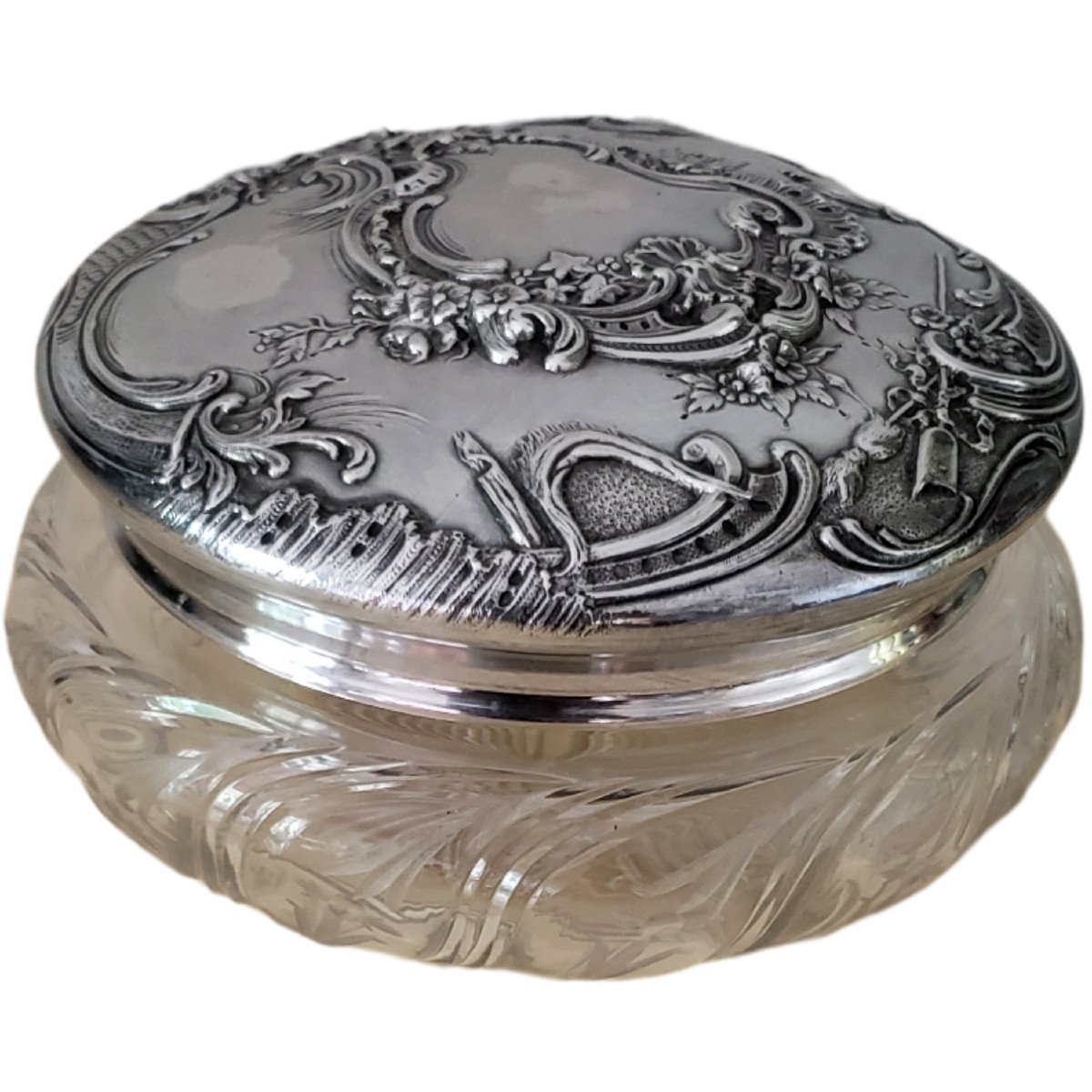  Grande boîte à poudre Art Nouveau Cristal Baccarat Couvercle Argent Massif et vermeil 