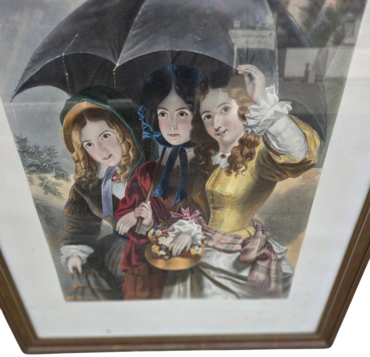 Gravure ancienne encadrée Trois jeunes filles au parapluie Les Violettes-photo-2