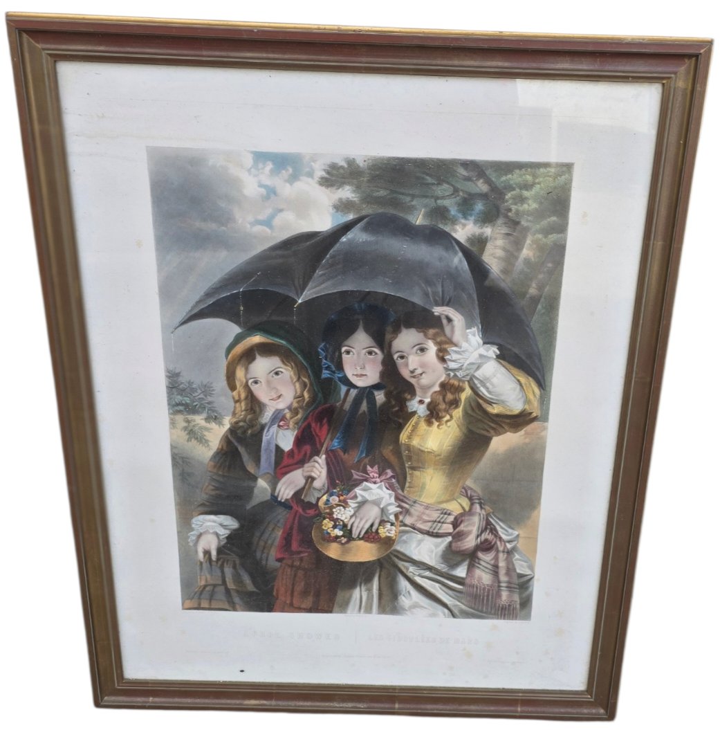 Gravure ancienne encadrée Trois jeunes filles au parapluie Les Violettes