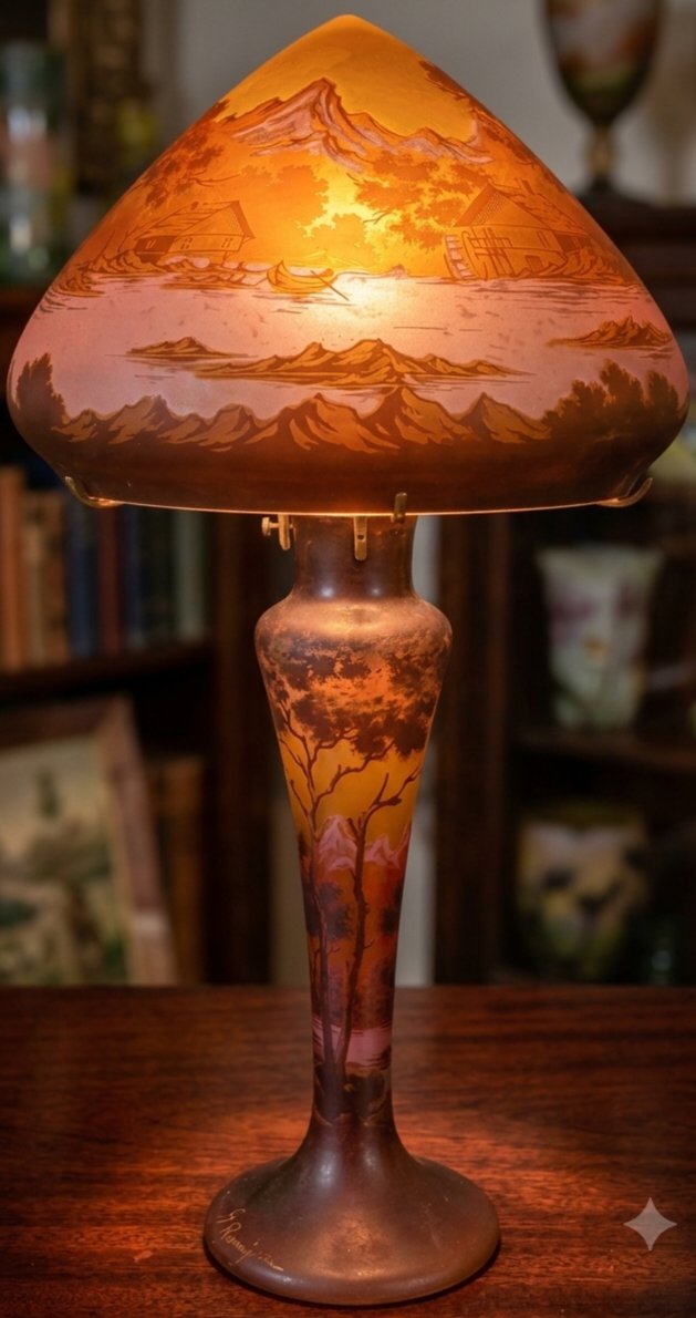 Large Art Nouveau Mushroom Lamp Made Of Acid-etched Glass By J. Remy Of The Legras Glassworks -photo-2