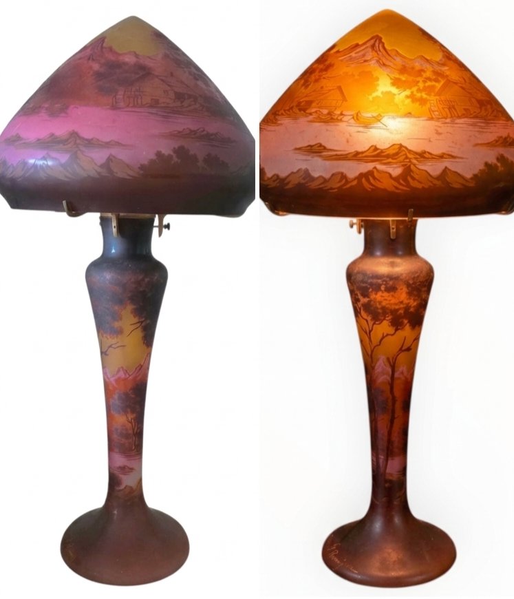 Large Art Nouveau Mushroom Lamp Made Of Acid-etched Glass By J. Remy Of The Legras Glassworks 
