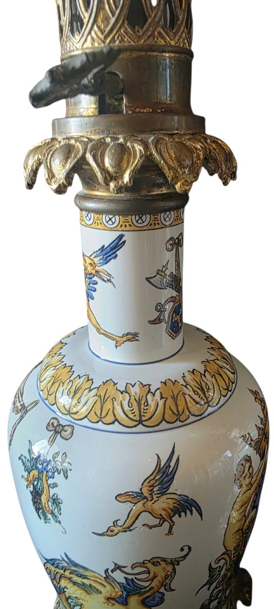  Paire lampes pétrole faïence Gien & bronze doré Style Renaissance XIXᵉ 4 faces-photo-2